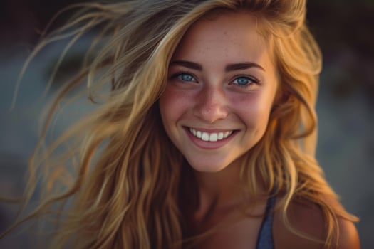 Joyful Beautiful smiling blonde on autumn view. Generate ai photo