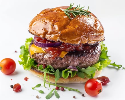 a hamburger with cheese, tomatoes and herbs photo