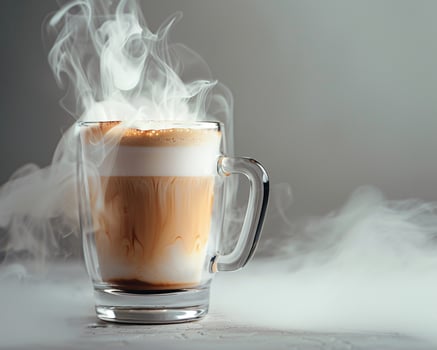 a glass of coffee with steam coming out of it photo