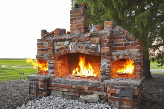 Outdoor brick barbecue with open flames photo