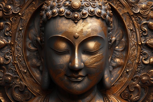 Detailed image of a serene buddha statue with intricate patterns in bronze tones photo