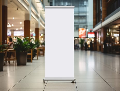 White blank roll up for mockup poster stands in shopping center background photo