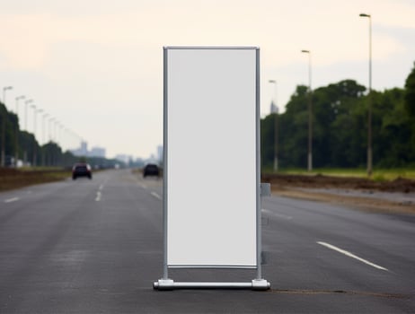 White blank roll up for mockup poster stands in shopping center background photo