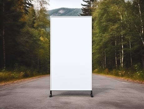 White blank roll up for mockup poster stands in shopping center background photo