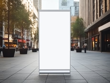 White blank roll up for mockup poster stands in shopping center background photo