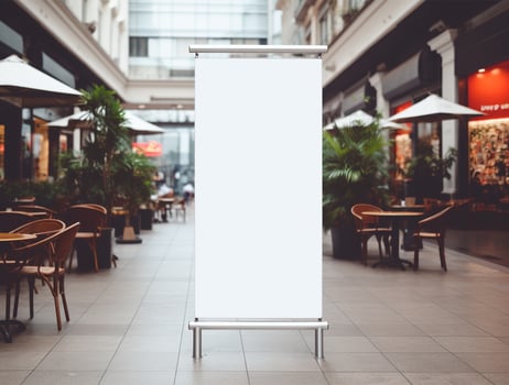 White blank roll up for mockup poster stands in shopping center background photo
