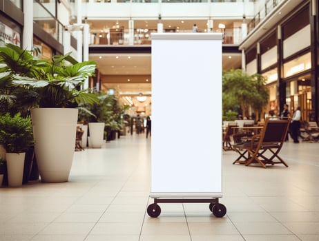 White blank roll up for mockup poster stands in shopping center background photo