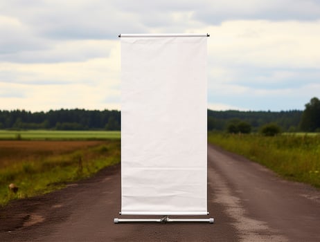 White blank roll up for mockup poster stands in shopping center background photo