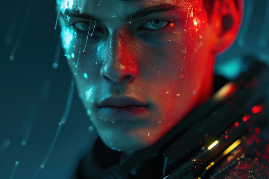 Intense portrait of a man in neon rain photo