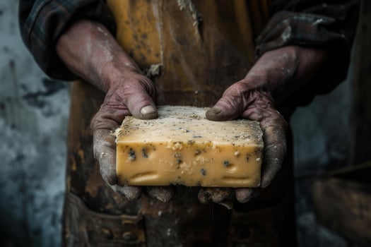 Artisan holding aged cheese block photo
