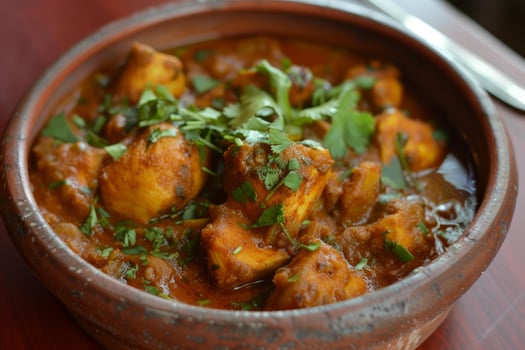 Authentic indian chicken curry in clay pot photo