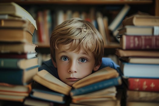 Young boy surrounded by stacks of books photo