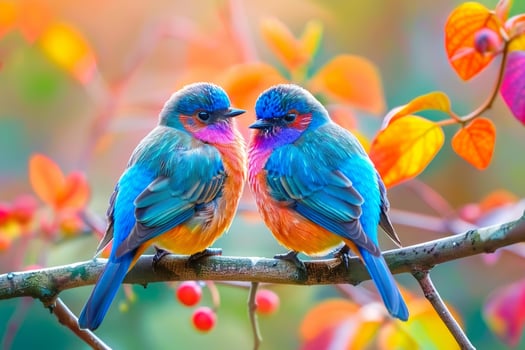 Colorful birds perched on branch photo
