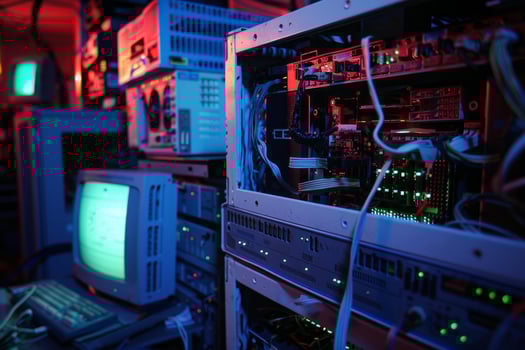 Futuristic server room with neon lights photo