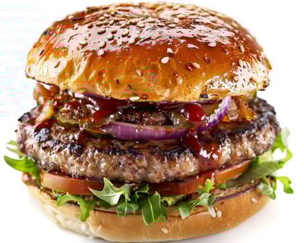 a hamburger with a bun, lettuce, tomato, onion and ketchup photo