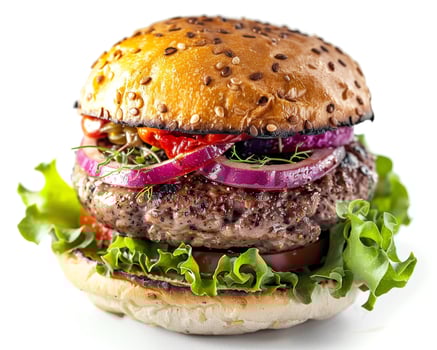 a hamburger with lettuce, onions and tomatoes photo