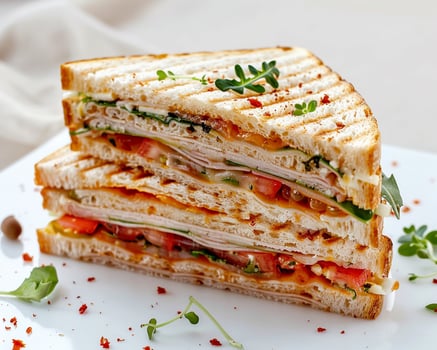 a sandwich with tomatoes and cheese on a white plate photo