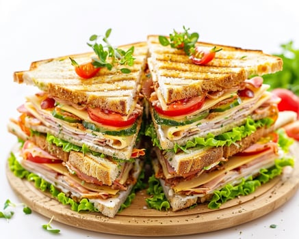 a sandwich with meat, cheese and vegetables on a wooden board photo