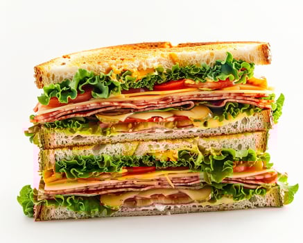 a sandwich with cheese, ham, lettuce, tomato and cheese photo