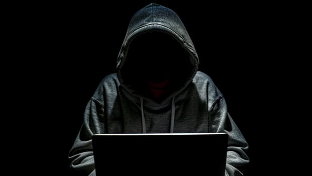 hacker with laptop computer on dark background photo