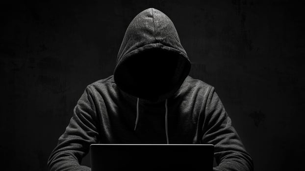 hacker with laptop computer on dark background photo
