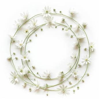 White flowers arranged in a circular frame on a white background photo