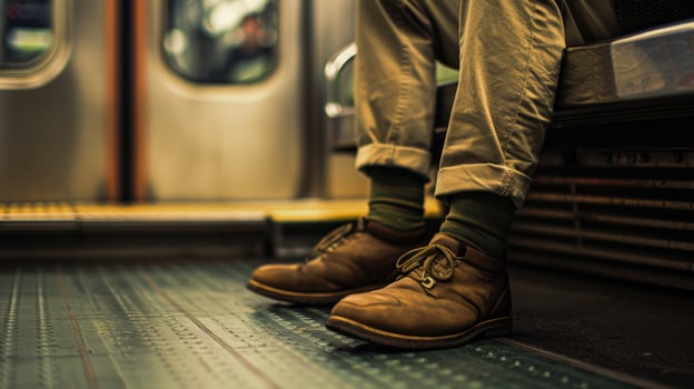Close-up of a persons feet in brown shoes on a train photo