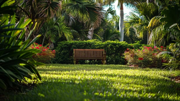 Lonely wooden bench in tropical garden, surrounded by greenery and red flowers photo