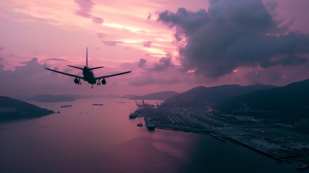 An airplane silhouetted against a pink sunset as it approaches a coastal city photo
