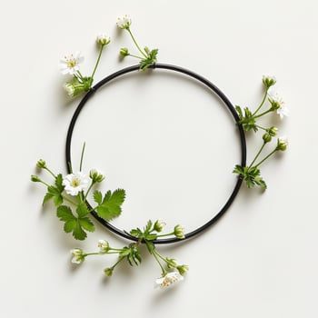 A simple black circle frame is adorned with delicate white blossoms and green leaves photo
