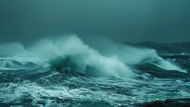 A stormy ocean with a large wave crashing against the shore photo