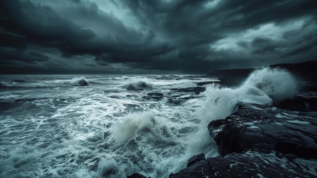 The ocean is rough and the waves are crashing against the rocks photo