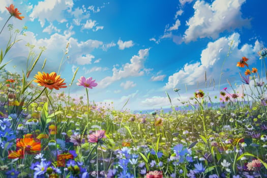 A field of flowers with a bright blue sky in the background photo