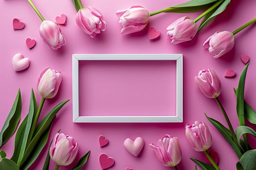 Pink Tulips and Hearts Surrounding a White Frame on Pink Background photo