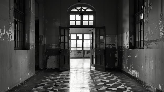 A black and white photo of an abandoned buildings hallway