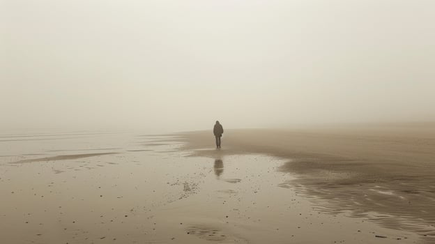 A person walks on a sandy beach covered in fog photo