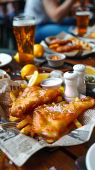 Close-up of fish and chips served with lemon wedges and beer photo