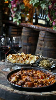 Close up of a delicious Spanish paella dish with wine photo