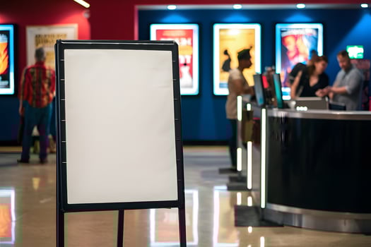 Cinema lobby with blank signboard, E TICKET counter, and movie posters photo