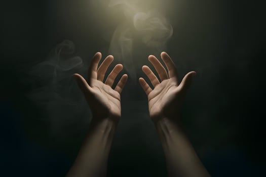 Hands reaching upwards in dark, misty ambiance, eerie glow photo
