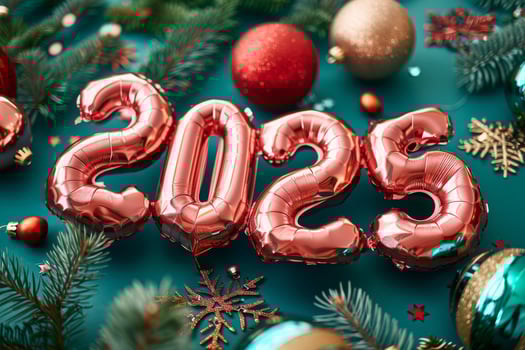 Rose Gold 2025 Balloons on Teal Background With Christmas Decorations photo