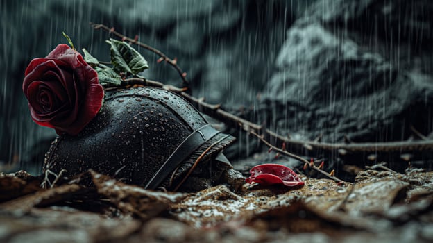 a broken army helmet sits on the rain-soaked gravestone with torn roses photo