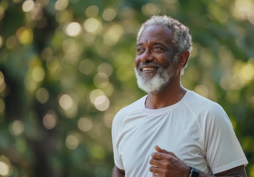 An active senior African American outdoors. photo