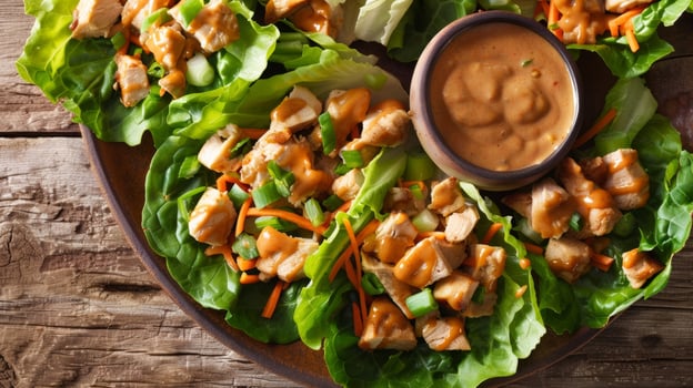 Buckwheat and chicken lettuce wraps with a homemade peanut sauce for a proteinrich and flavorful meal photo