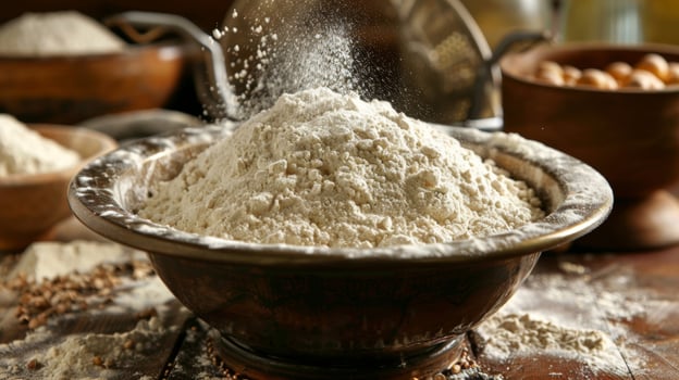 A bowl of buckwheat flour being sifted to remove any lumps or debris ensuring a smooth and even texture in the bread photo