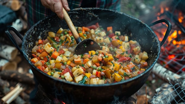A rustic wooden s stirring a pot of hearty foraged vegetable stew perfect for a cold day in the forest photo