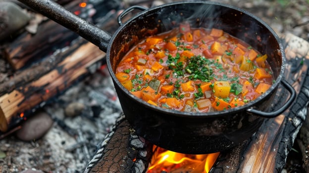 A pot simmering over a campfire filled with a hearty stew featuring foraged wild herbs photo