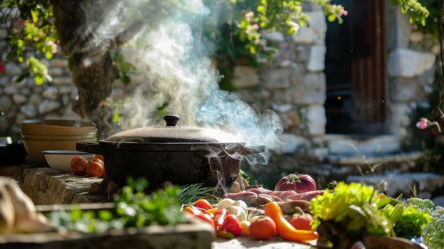 Steam rising from a large cooking pot sitting above a makeshift stone oven filled with freshly picked and foraged vegetables and meats photo