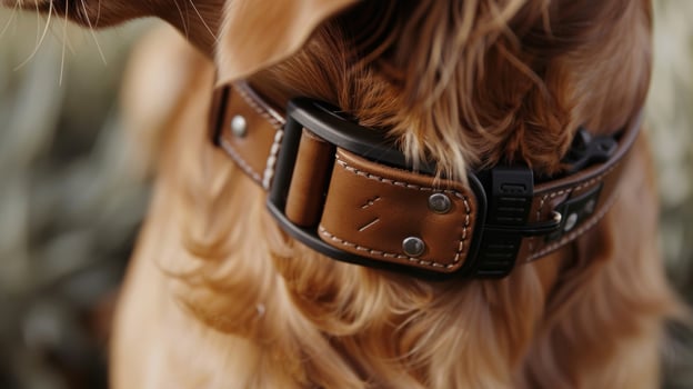 A detailed shot of a highquality leather smart collar reveals intricate stitching and a discreet pocket for a GPS tracking device. The collar also includes a unique QR code that ca photo