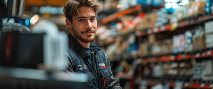 A technician installs a POS system in a business location, dressed in company attire to convey professionalism and expertise. photo